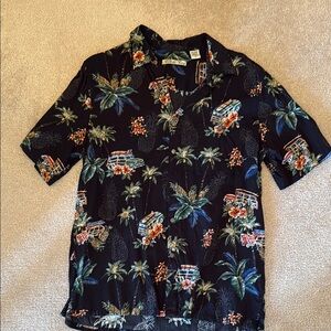 Black Casual Button Down Shirt with Tropical Print